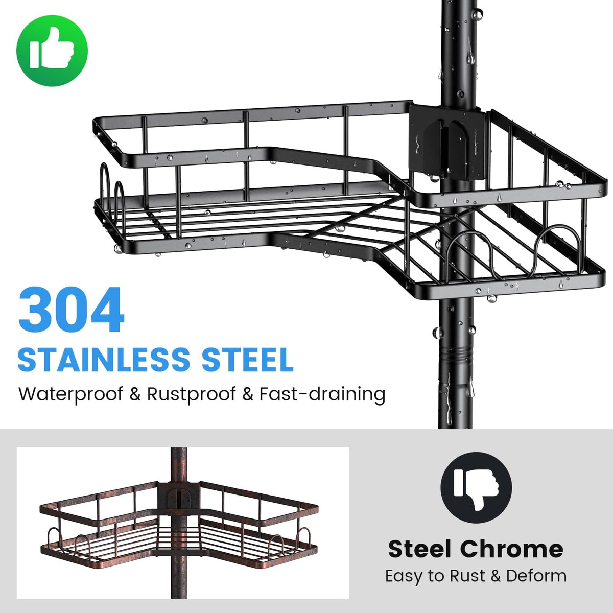 Etajeră metalică colț baie cu 4 rafturi – organizator extensibil vertical, fără găurire, 110-305 cm