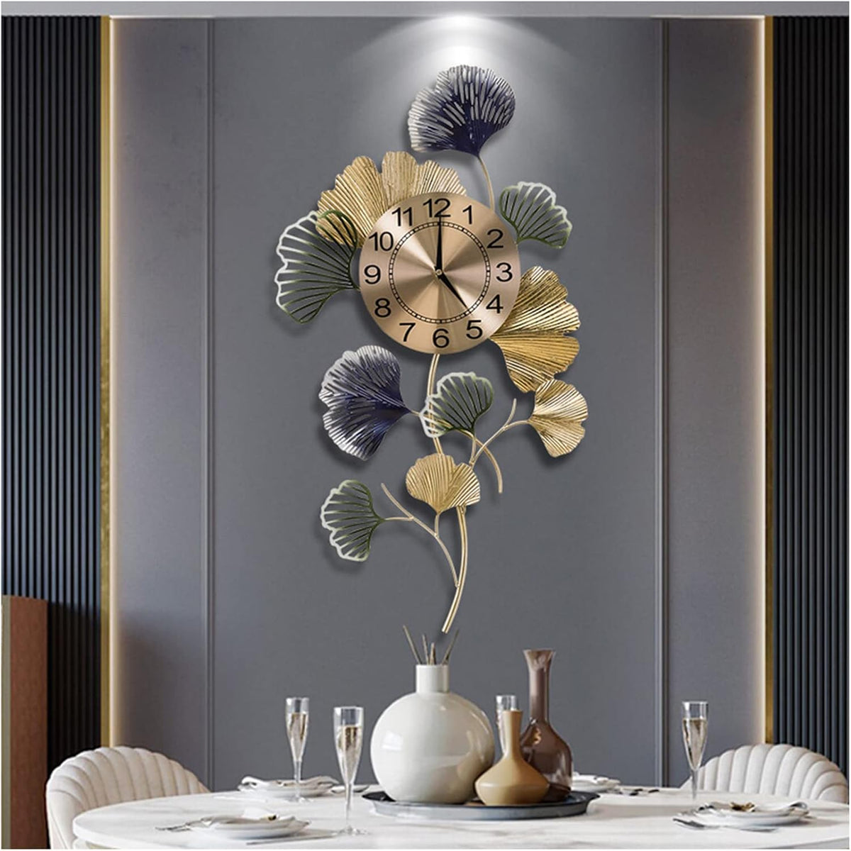 Ceas de perete decorativ 76 x 42 cm – design artistic cu frunze metalice, decor lux pentru living