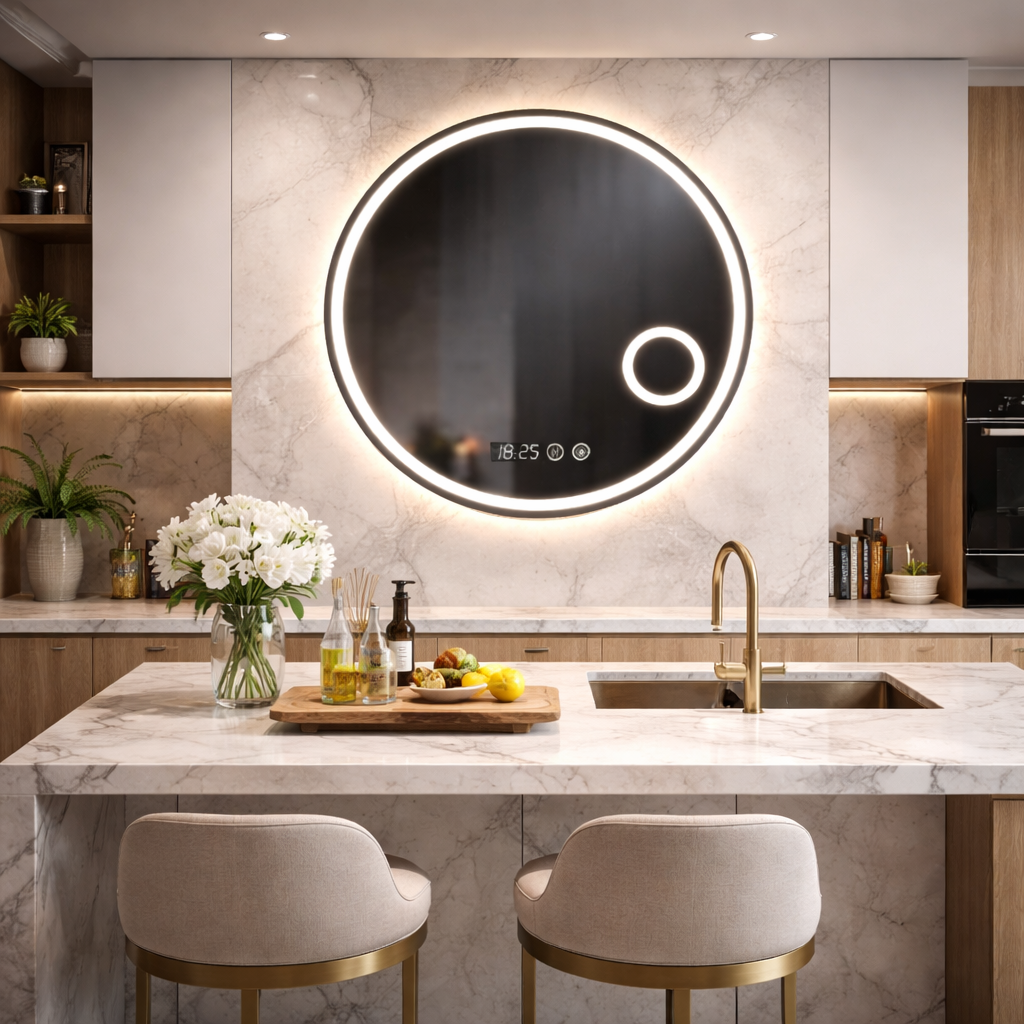 Oglinda LED Rotunda 70 cm cu Ceas, Dezaburire si Lupa Cosmetica