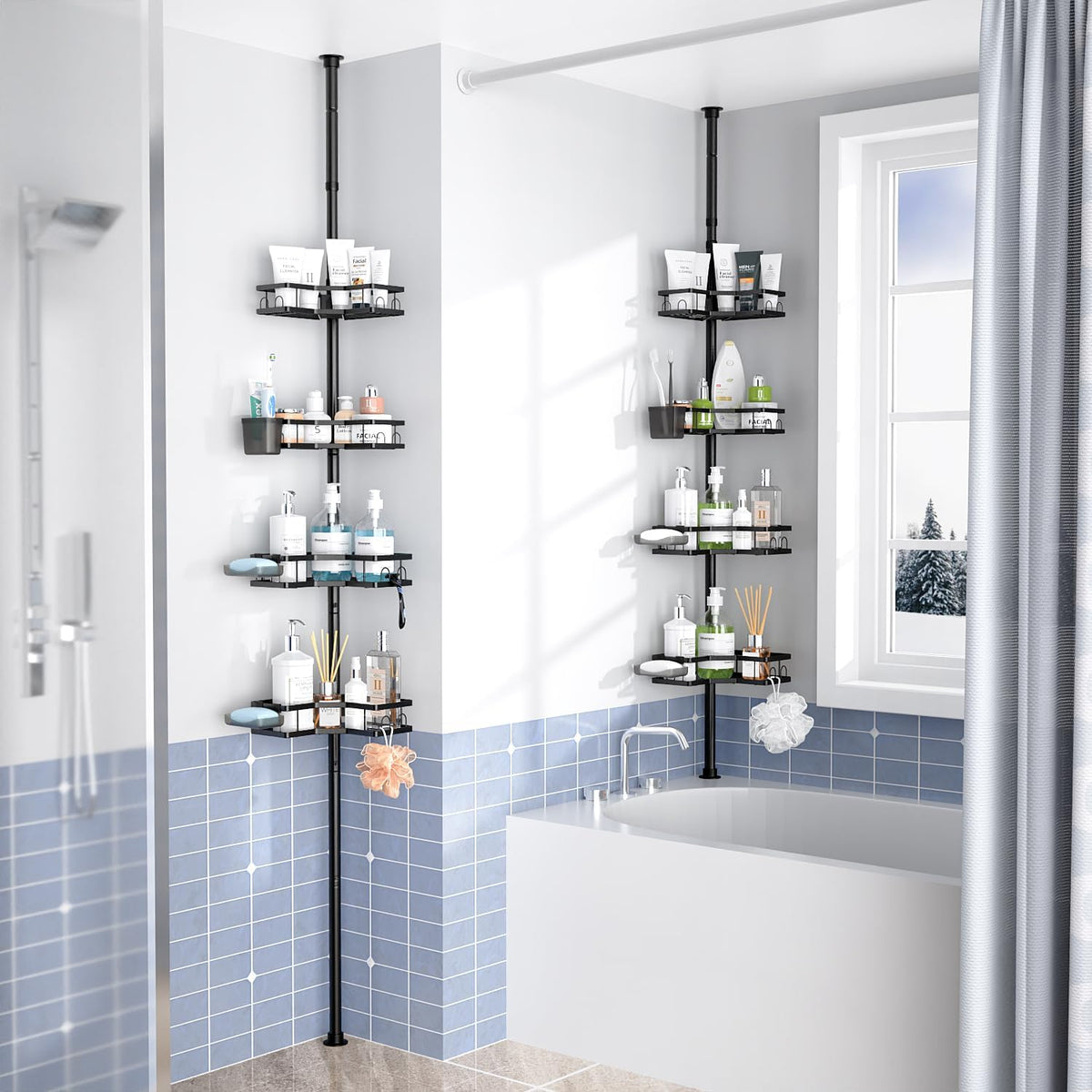Etajeră metalică colț baie cu 4 rafturi – organizator extensibil vertical, fără găurire, 110-305 cm