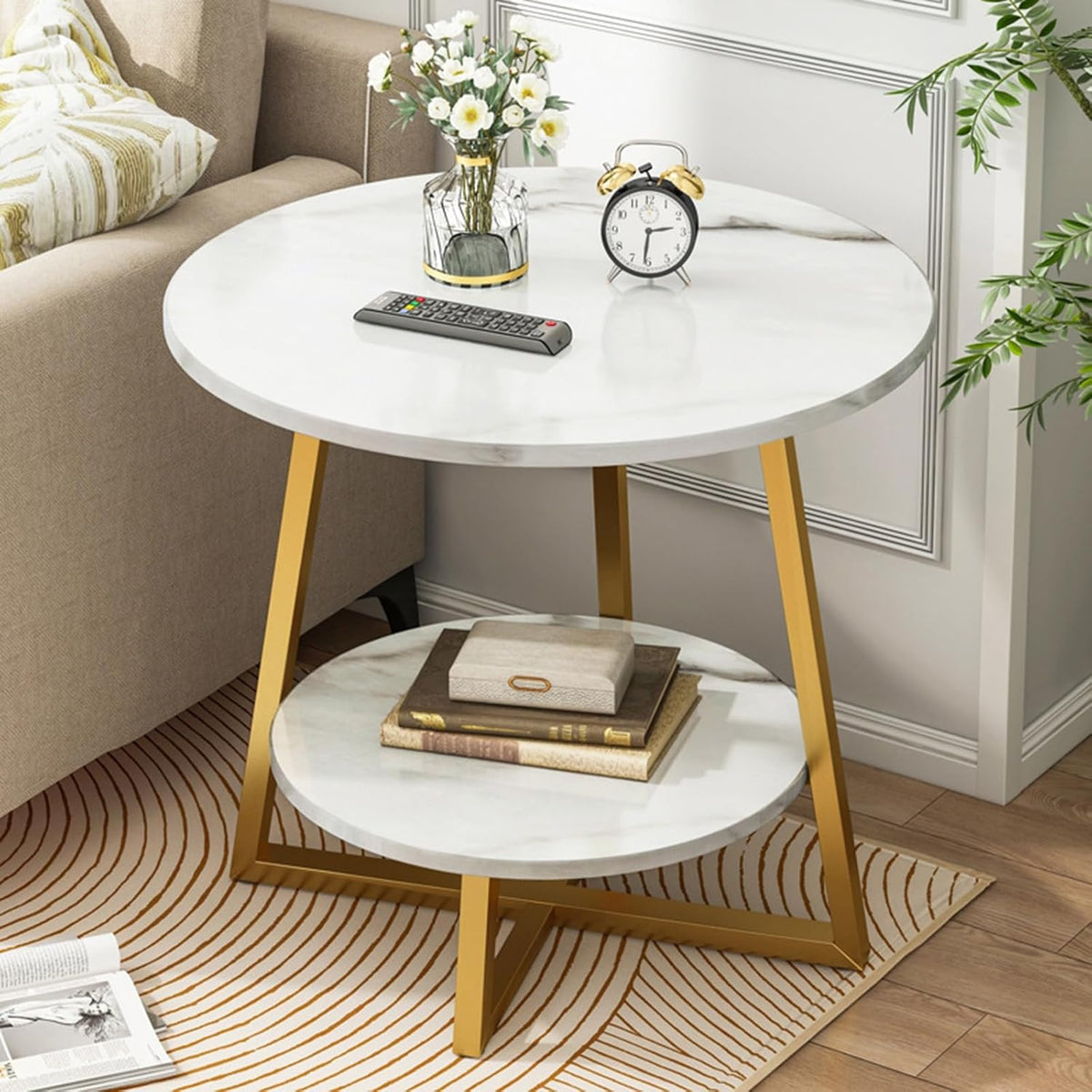 Masuta rotunda 2 niveluri cu blat tip marmura si picioare metalice incrucisate, design modern 50 X 57 CM
