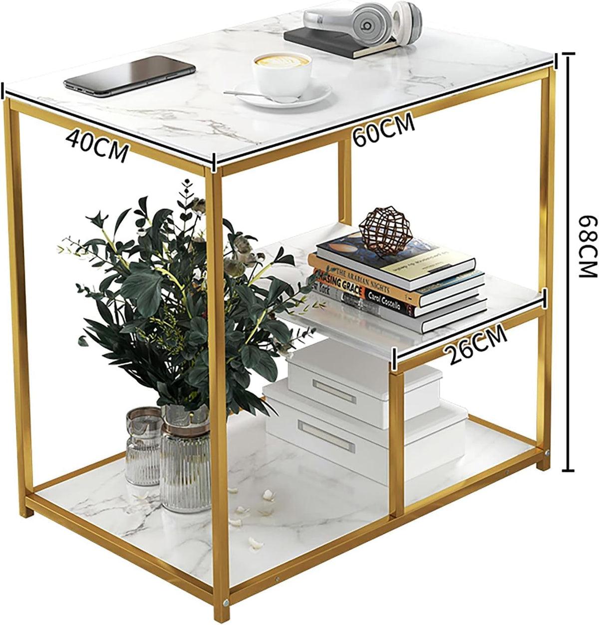 Masuta moderna cu blat tip marmura si cadru metalic auriu – 3 nivele de depozitare 60 x 40 x 68 cm