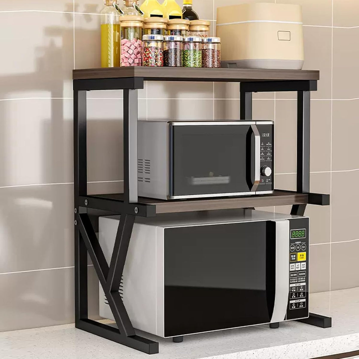 Raft Universal Bucatarie 2 Nivele Lemn si Metal – Suport pentru Cuptorul cu Microunde 68.5x54x37cm