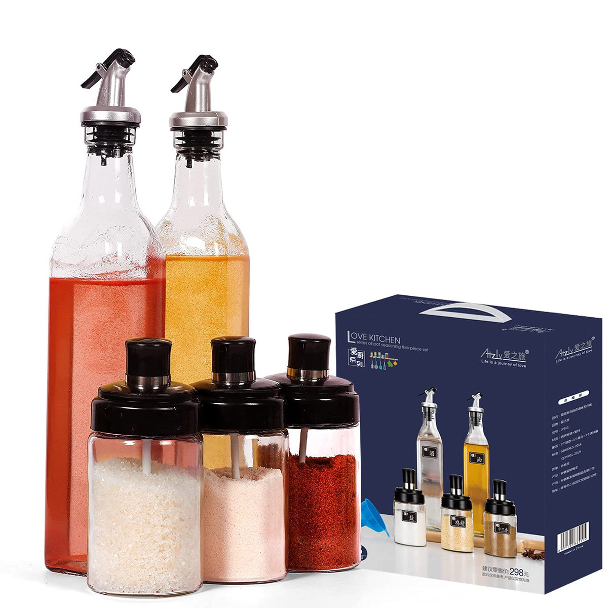 Set elegant pentru ulei, oțet și condimente – 2 sticle din sticlă 500 ml + 3 recipiente cu linguriță 250 ml