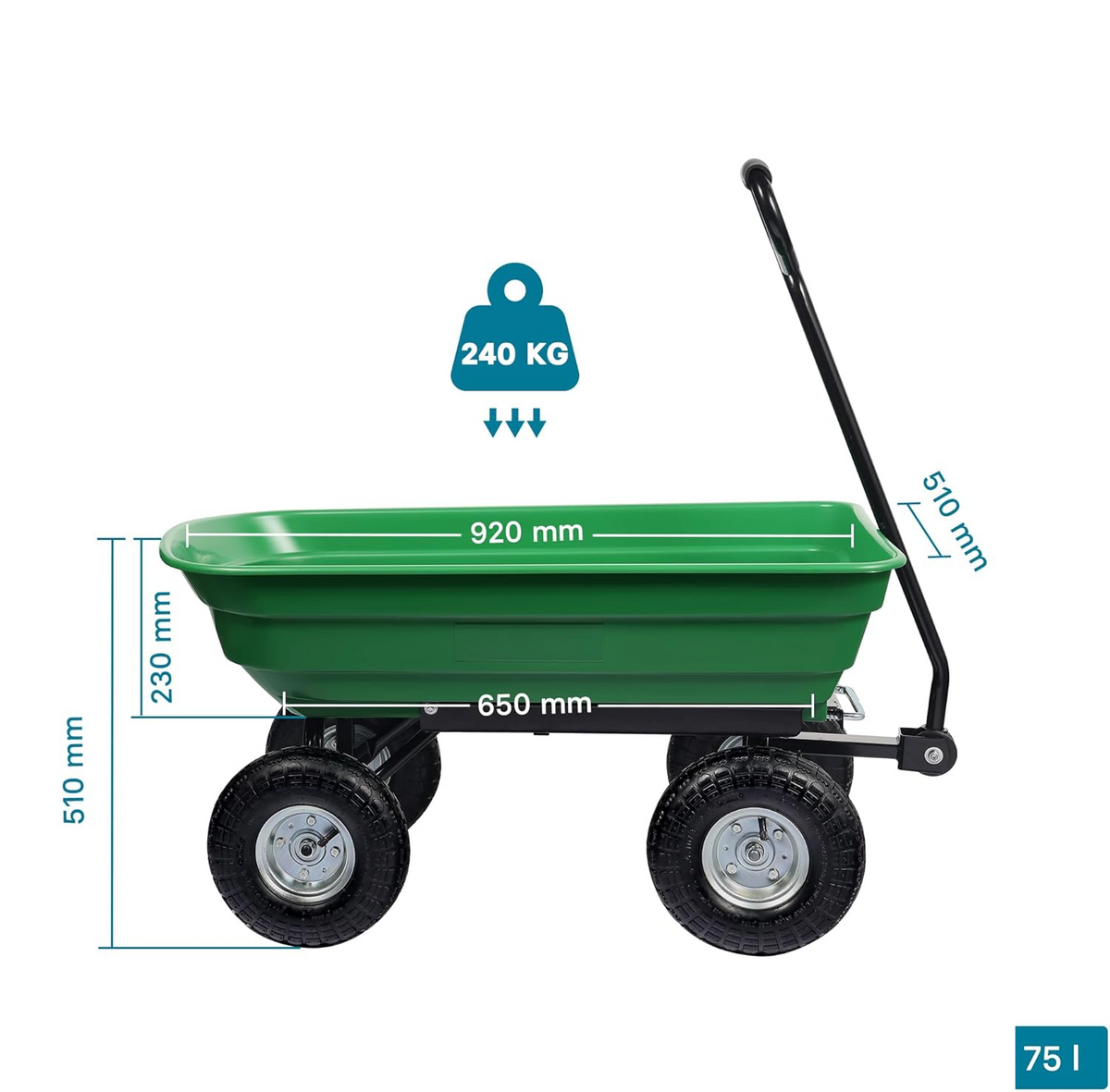 Carucior pentru gradina si curte, cuva basculanta, 125 L, roti cauciuc, verde
