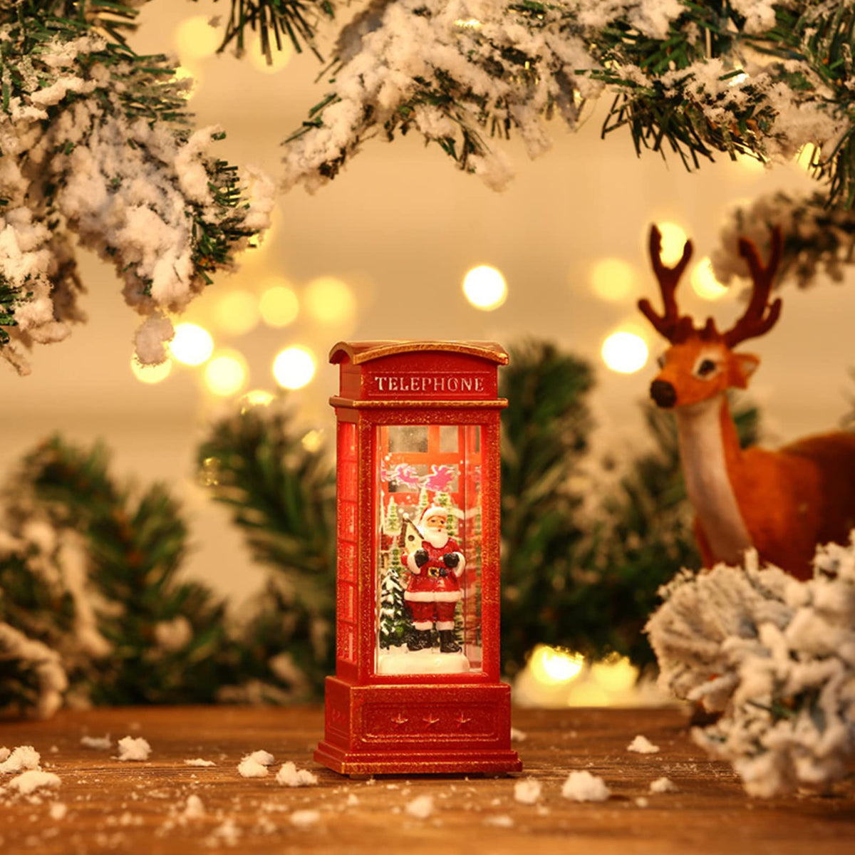 Decoratiune De Craciun Tip Cabina Telefonica cu Mos Craciun Si Brad, Cadouri, Functie Muzicala, Lumini Si Ninsoare Automata, Cu Apa, Lumina Calda, Usb sau Baterii, Led