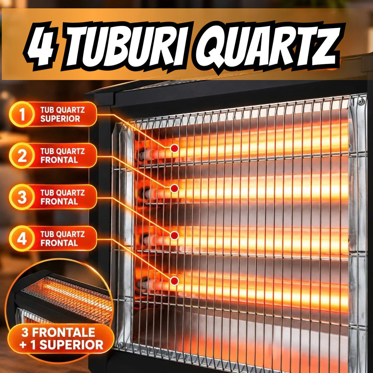 Radiator Quartz Hausberg HB 8800 2000W 4 Tuburi Quartz 2 Trepte Putere Termostat - detaliu produs