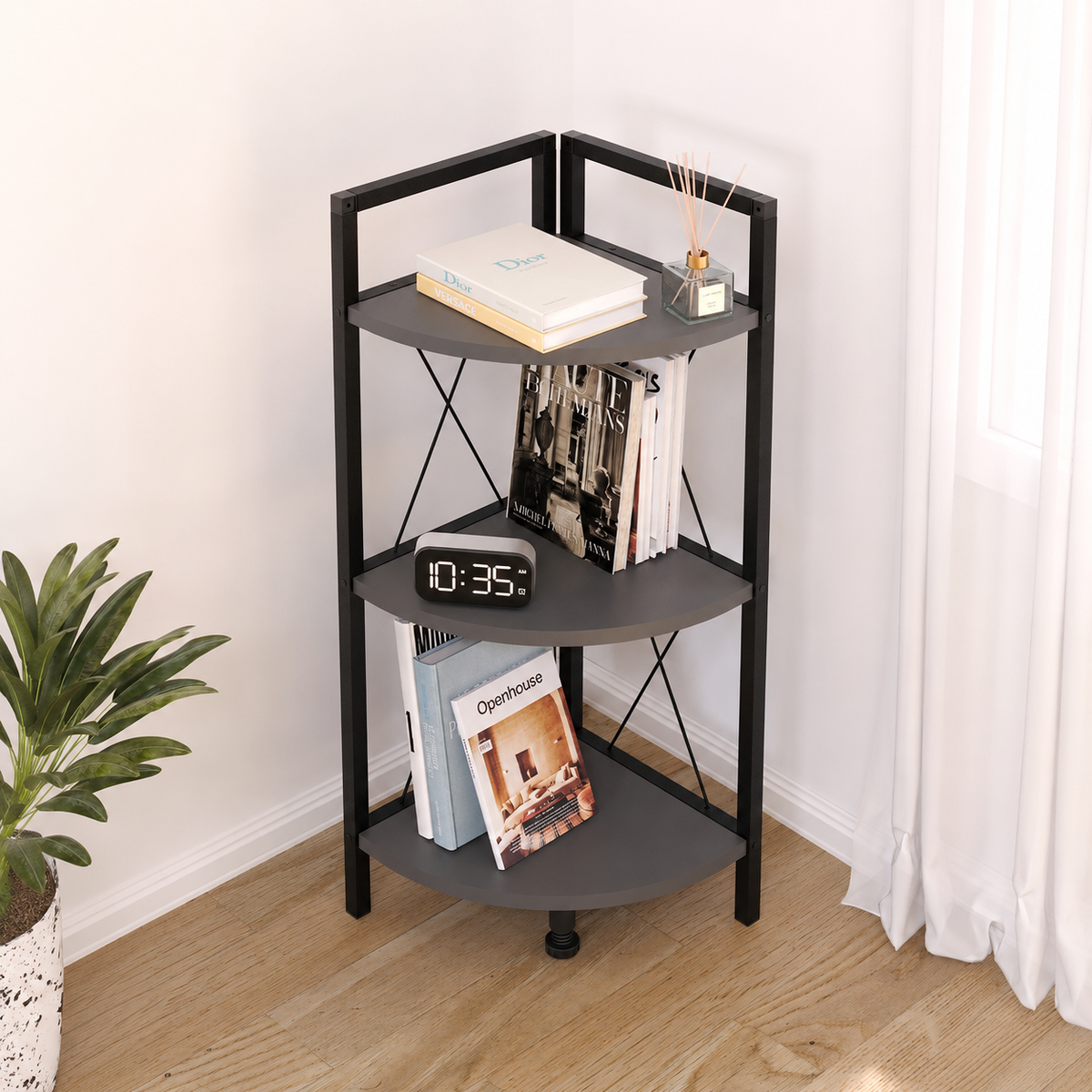 Etajera de colt din PAL si metal 33,5x33,5x87,3 cm, cu 3 rafturi, pentru living, baie sau birou