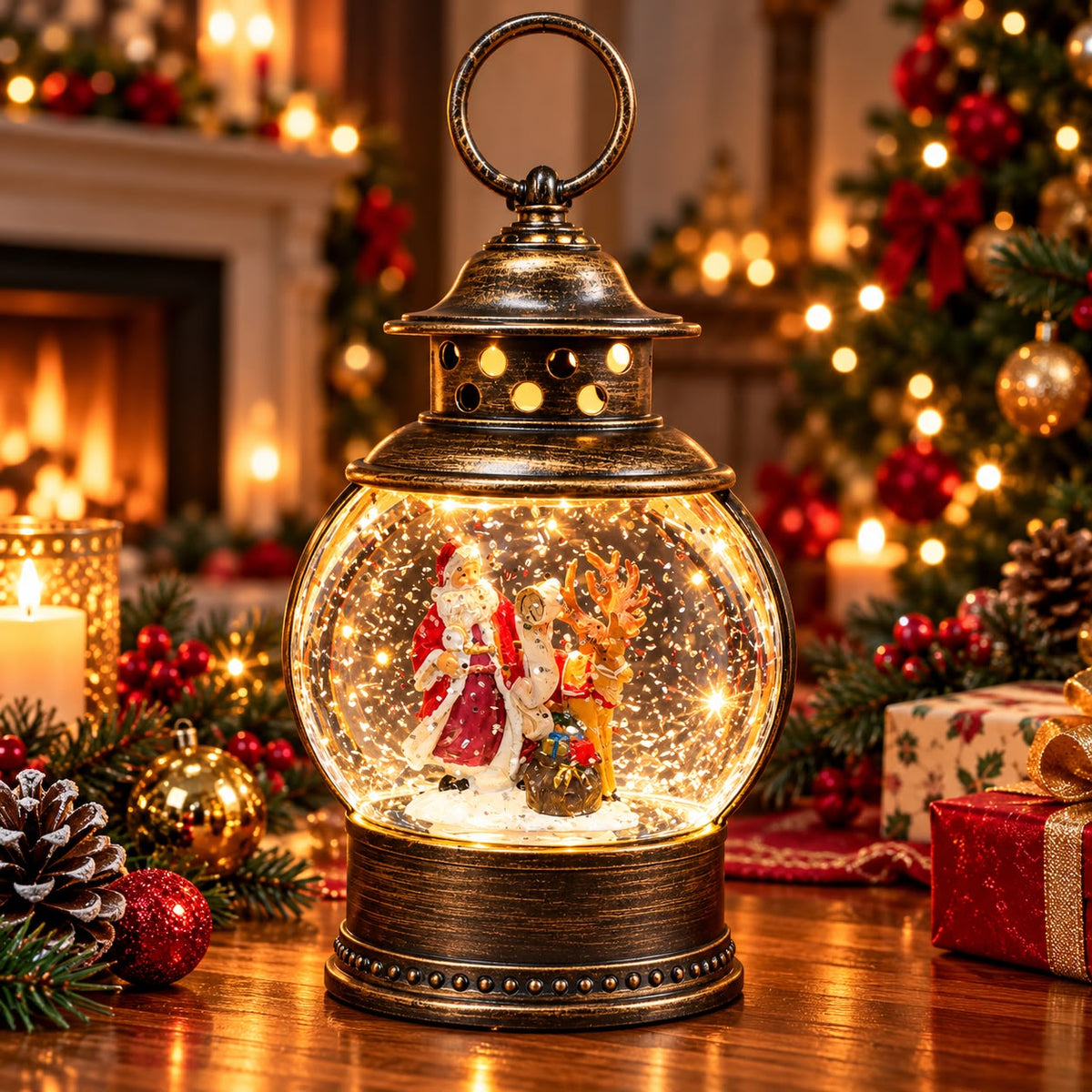 Felinar Decorativ Premium de Crăciun cu Moș Crăciun, Muzică, Lumină Caldă LED și Efect de Ninsoare – 20 × 11 cm - detaliu produs