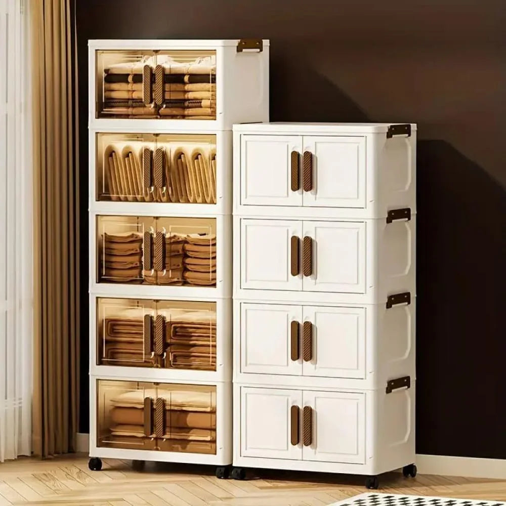 Dulap depozitare pliabil cu usi si roti, organizator multifunctional cu 3, 4 sau 5 rafturi, crem 45 cm