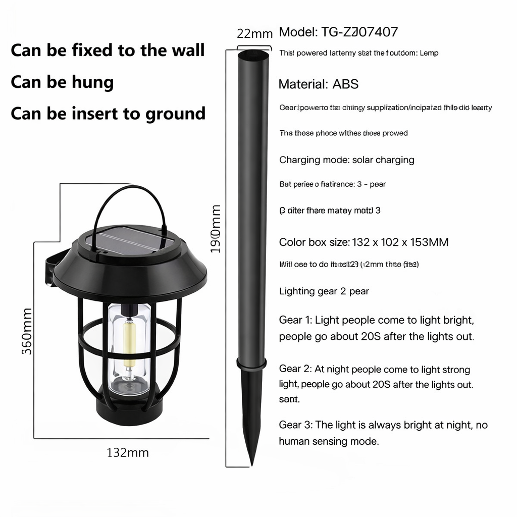 Lampa solara LED 3 in 1 pentru exterior, tip felinar, senzor lumina, iluminare decorativa gradina