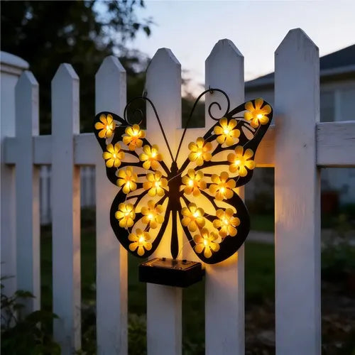 Set 2 Fluturi Solari Decorativi cu Lumini LED Roz Galben pentru Perete Gard - detaliu produs
