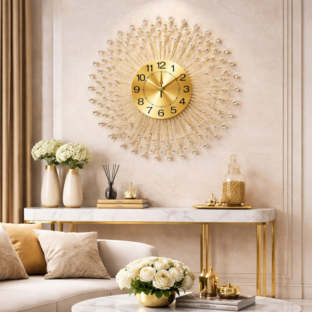 Ceas de perete decorativ premium – metal si cristale – 70 cm – design elegant radiant