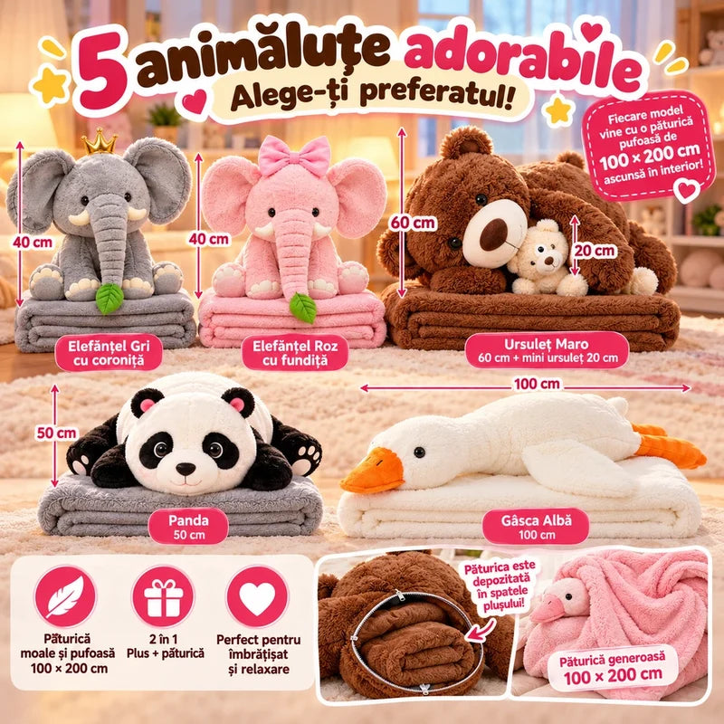 Animalut de Plus 2-in-1 cu Paturica Ascunsa 100x200 cm 5 Modele - detaliu produs