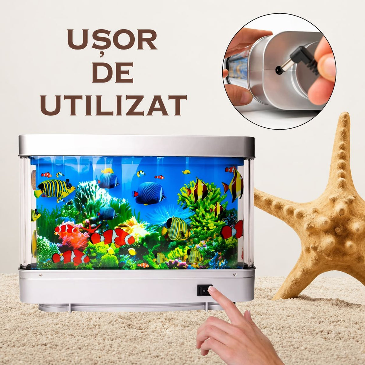 Lampa decorativa tip acvariu LED – efect realist cu pesti in miscare, 30x23x7 cm