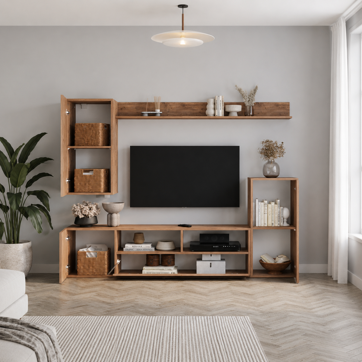 Comoda TV 210x38x90,4 cm, cu dulap suspendat, pentru living