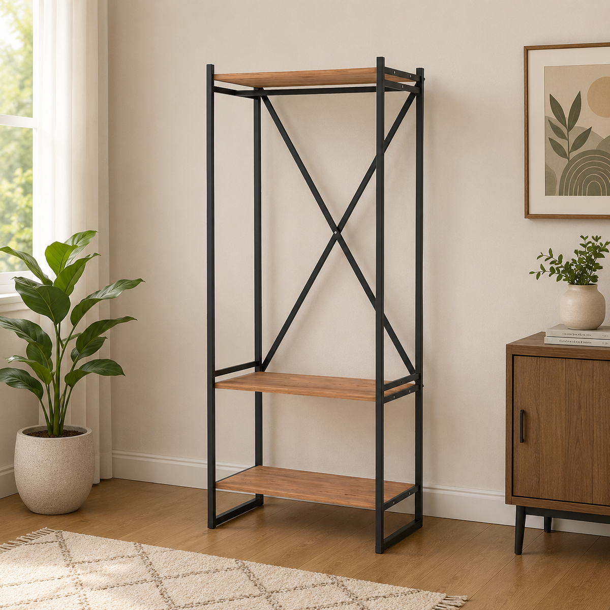 Cuier metalic cu suport pentru pantofi si rafturi, 66 x 34 x 159,8 cm