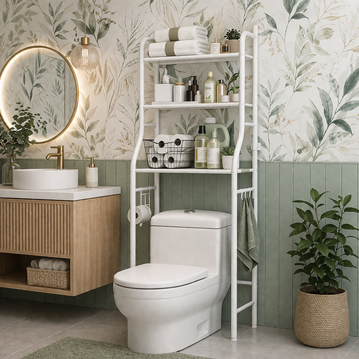 Suport depozitare peste toaleta, 3 polite, cadru metalic alb, organizator baie modern, 150 x 50 x 23 cm
