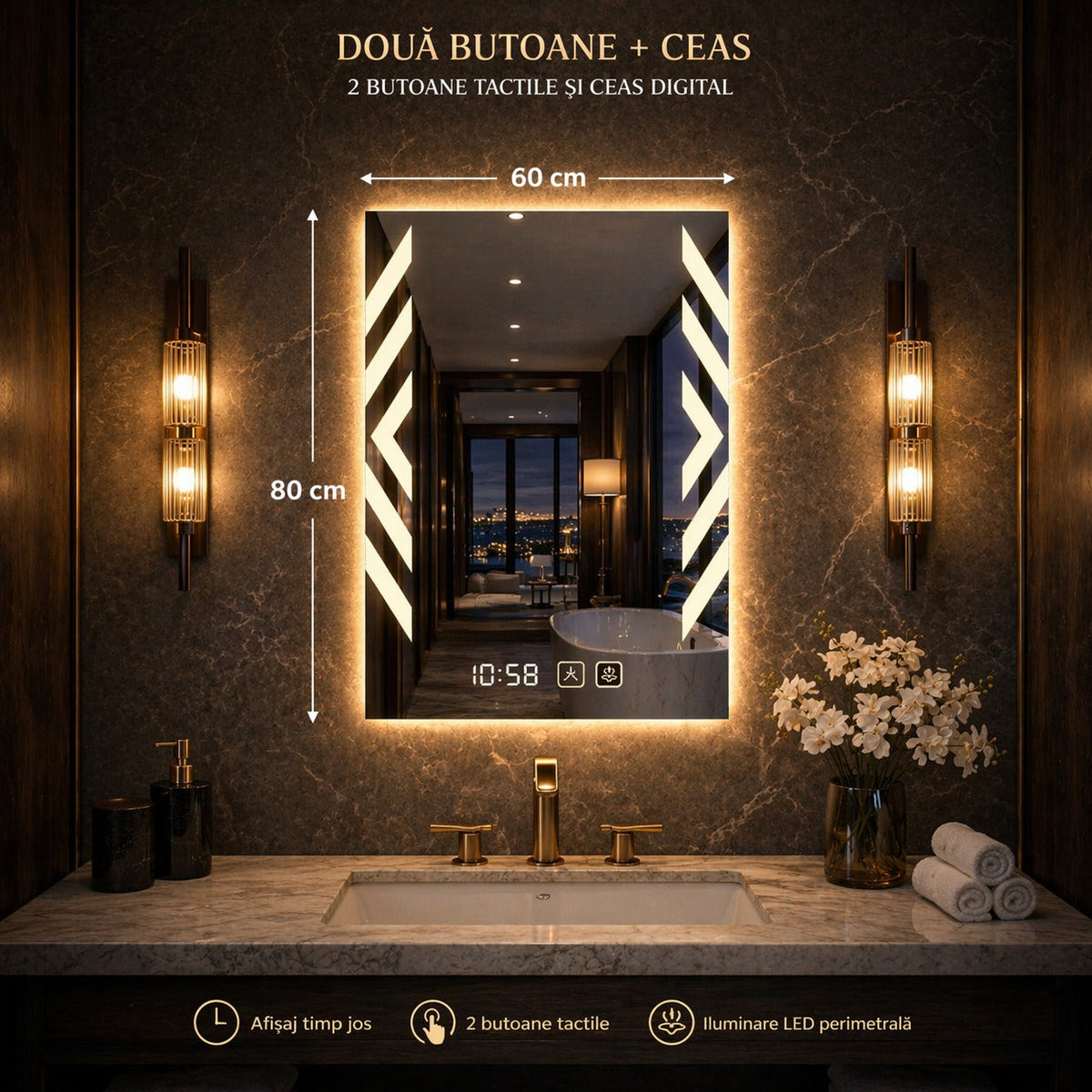 Oglinda LED Baie 60x80 cm cu Touch, Dezaburire, Ceas Digital si Iluminare 3 Culori