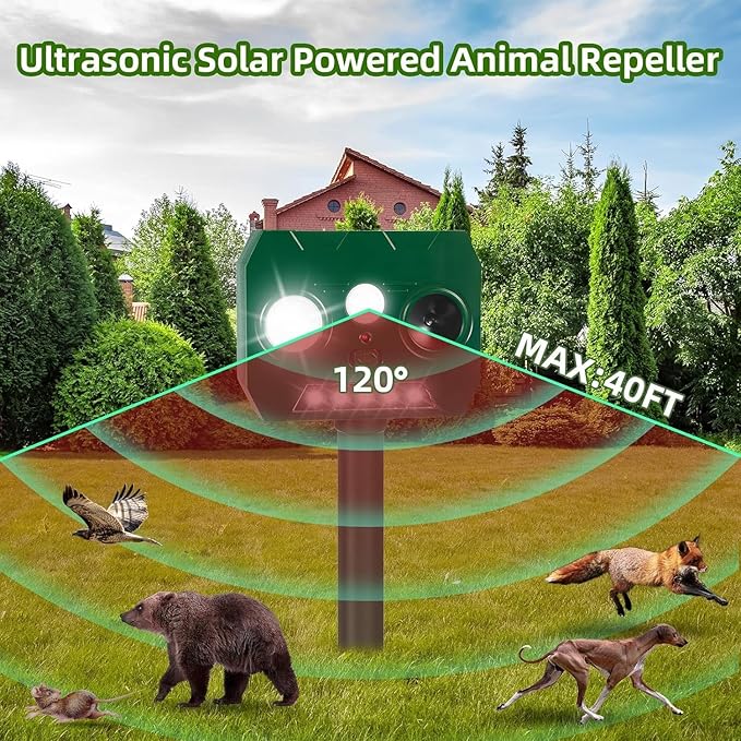 Aparat cu ultrasunete anti-daunatori, lumina intermitenta noaptea/ziua, incarcare solara, ideal pentru gradina