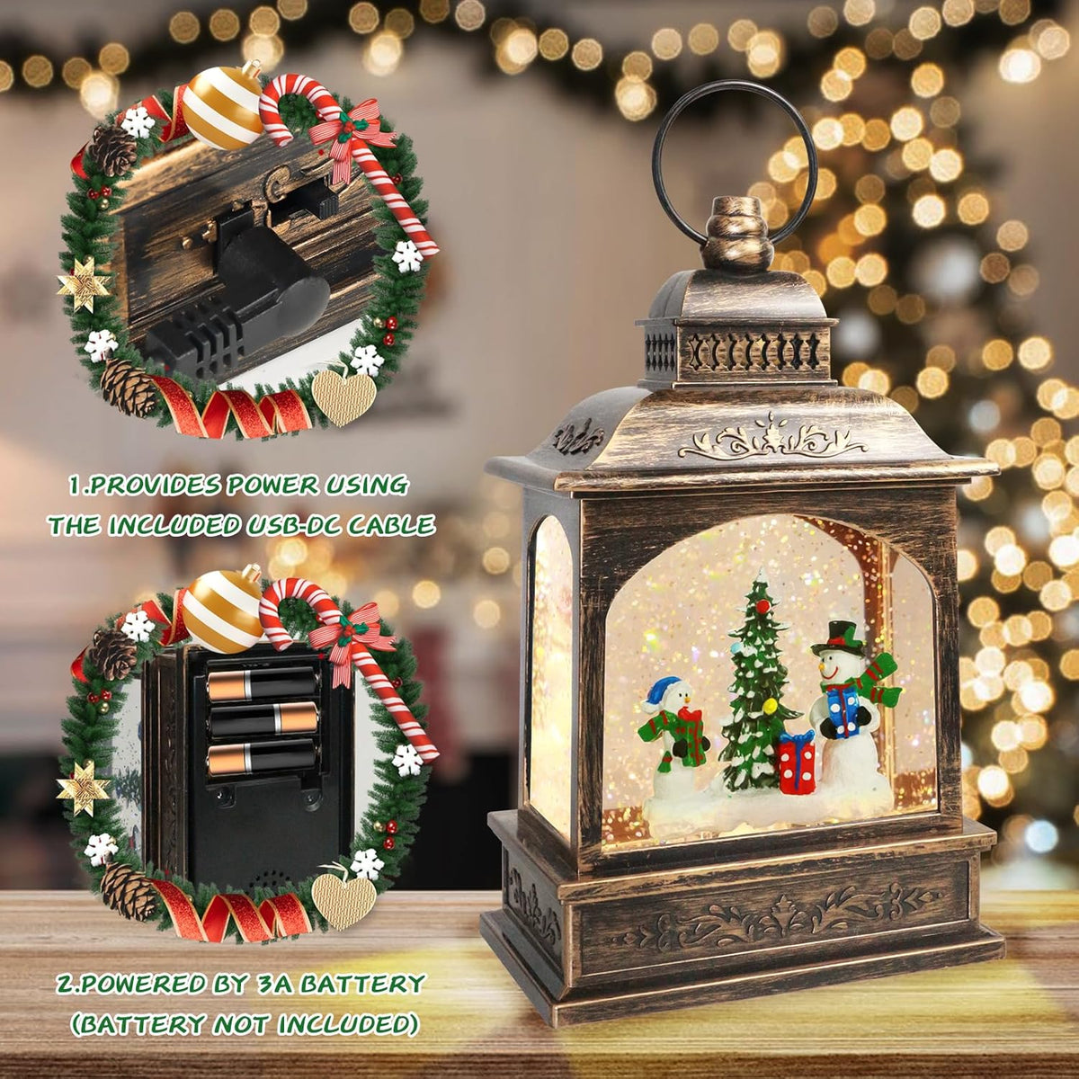 Glob de zapada muzical de Craciun cu om de zapada – lumini calde, efect de ninsoare si 8 melodii festive