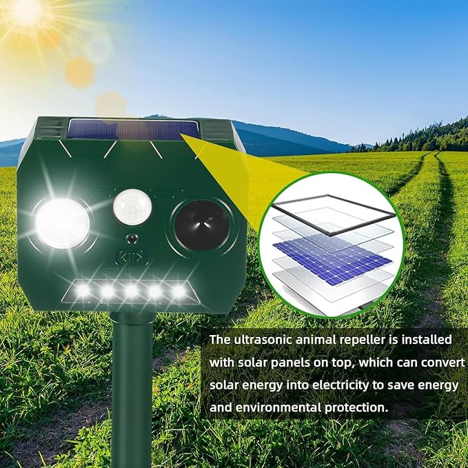 Aparat cu ultrasunete anti-daunatori, lumina intermitenta noaptea/ziua, incarcare solara, ideal pentru gradina