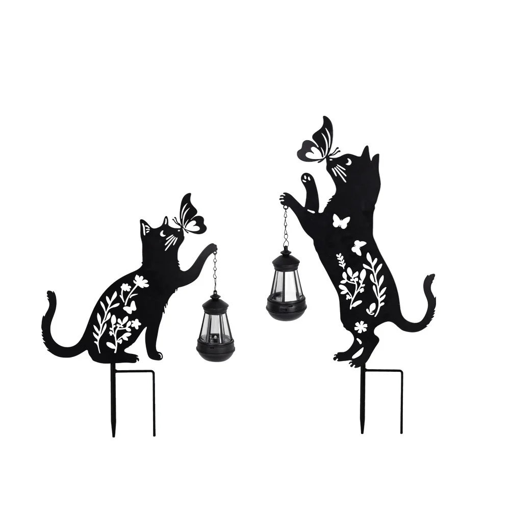 Set 2 Decoratiuni Solare de Gradina Pisica Neagra cu Felinar LED Fluture Metal - detaliu produs