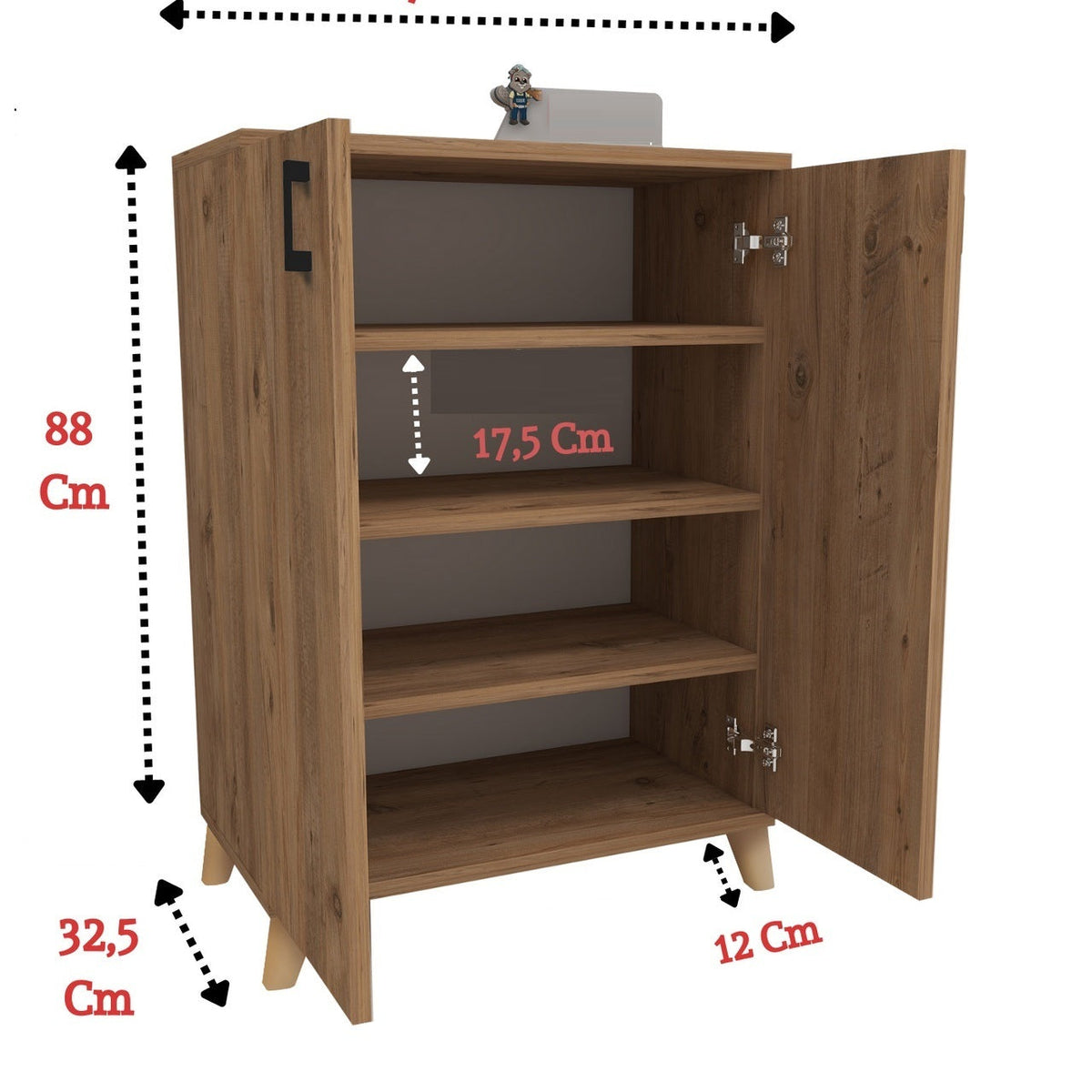 Pantofar Ceren multifunctional cu 2 usi si 4 rafturi interioare, dulap pantofi, mobilier hol ingust 70 x 110 cm, PAL melaminat 18 mm clasa E1, mecanism silentios soft-close, 72x32,5x88 cm