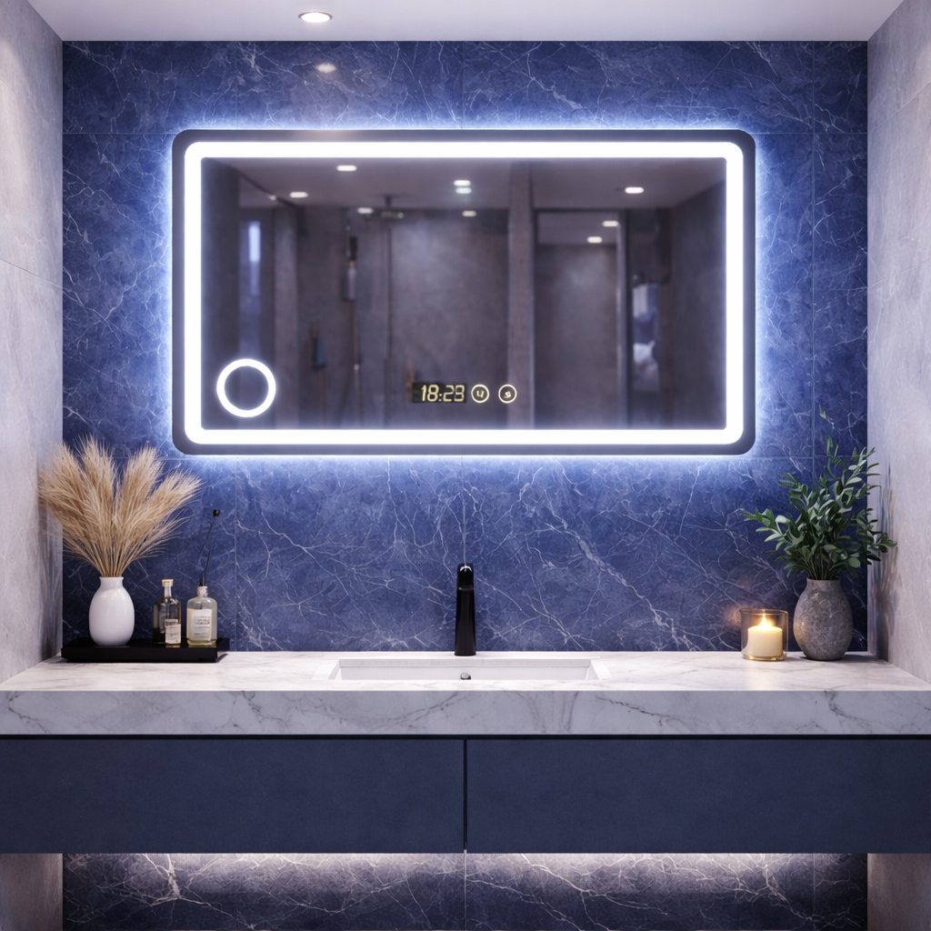 Oglinda LED premium, 90x70 cm, iluminare reglabila, lupa, touch, dezaburire, ceas