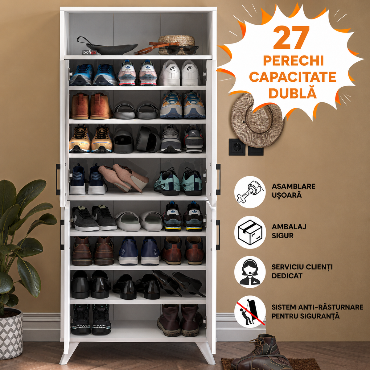 Pantofar modern 72x32x170 cm, cu 4 usi si 9 rafturi, pentru hol, intrare sau depozitare incaltaminte
