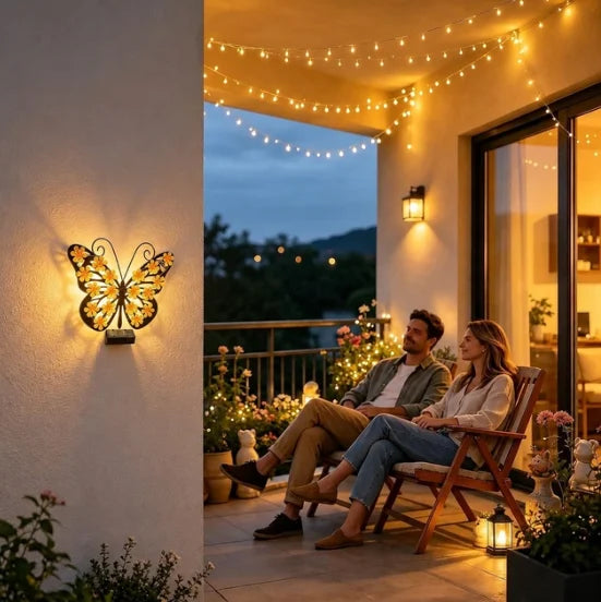 Set 2 Fluturi Solari Decorativi cu Lumini LED Roz Galben pentru Perete Gard - imagine principala