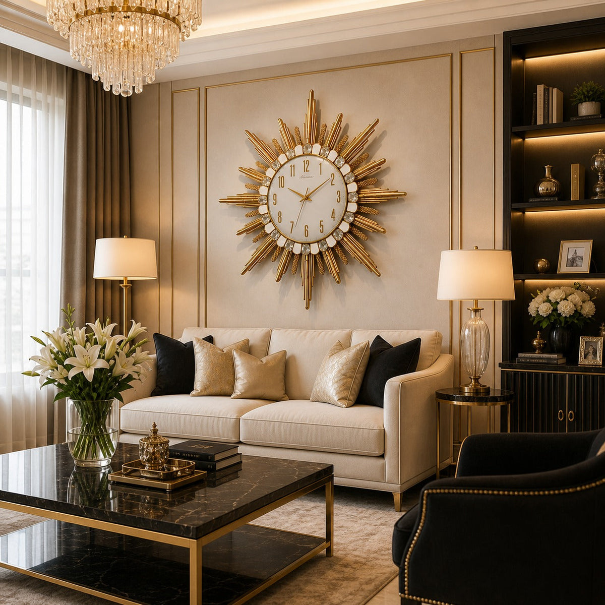 Ceas de perete decorativ auriu 87 cm, model elegant cu efect luxury