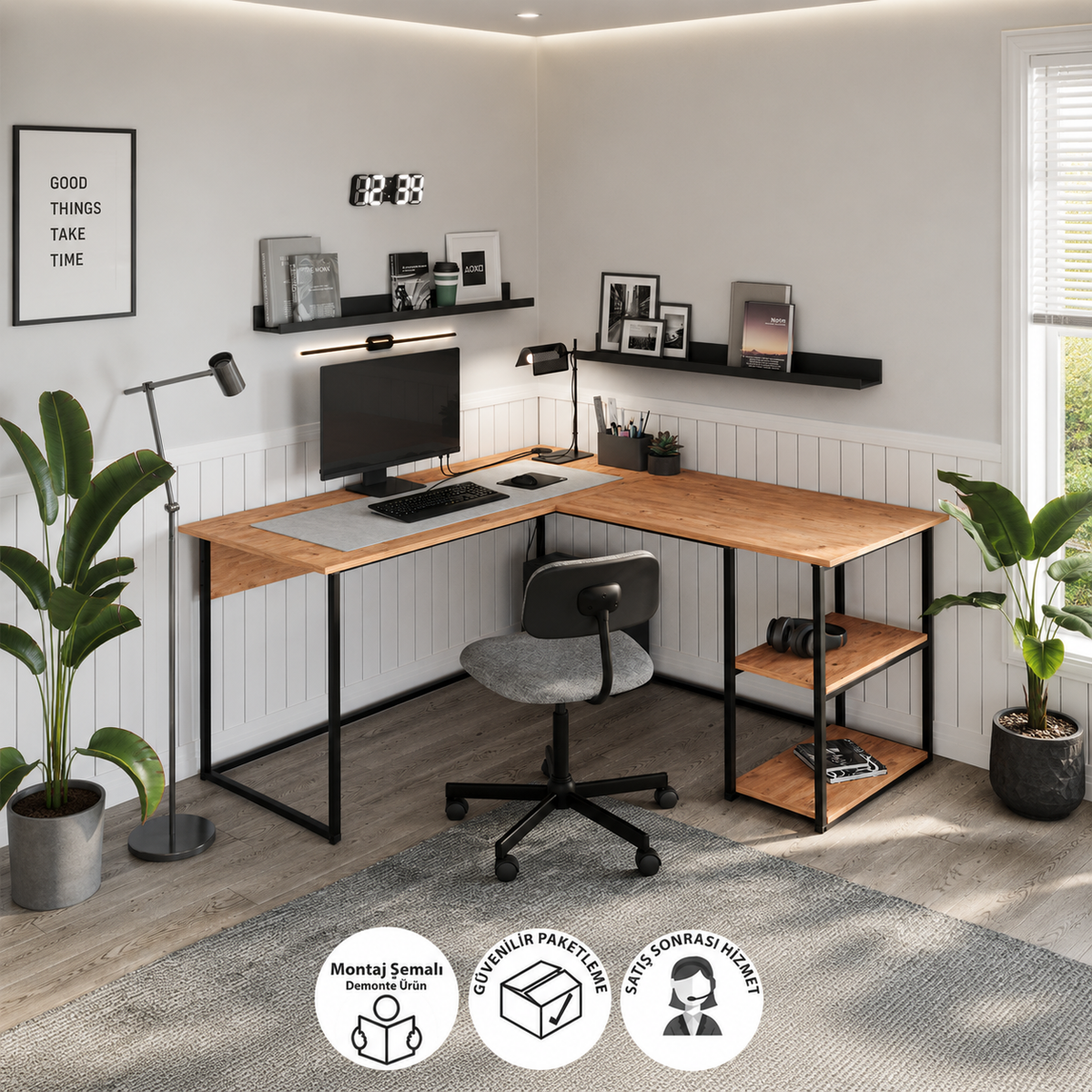 Birou de colt in forma L 140x147,8x73,8 cm, cu rafturi integrate si cadru metalic, pentru home office sau birou