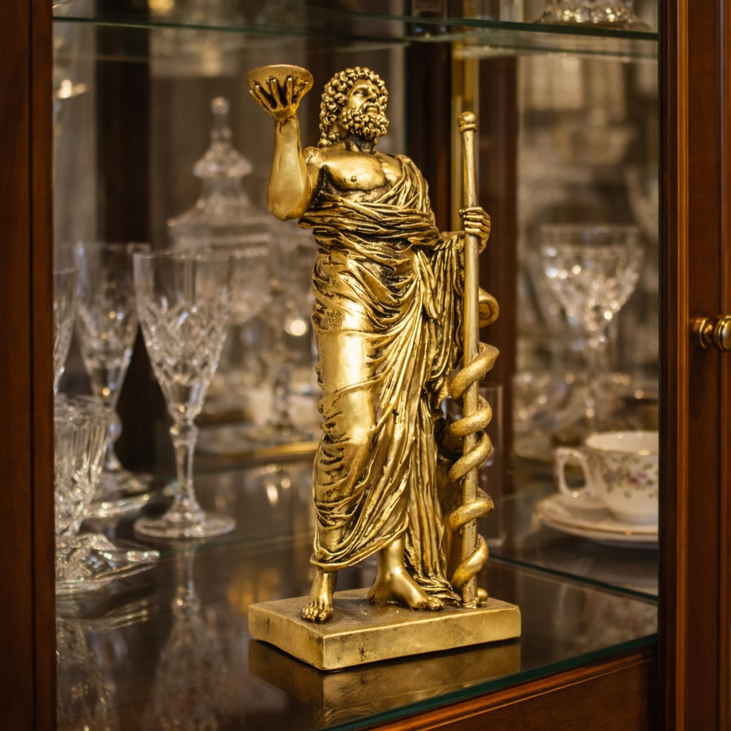 Statueta decorativa Asclepius, zeul medicinei, ornament sculptural rasina, decor birou si casa, 33x14 cm