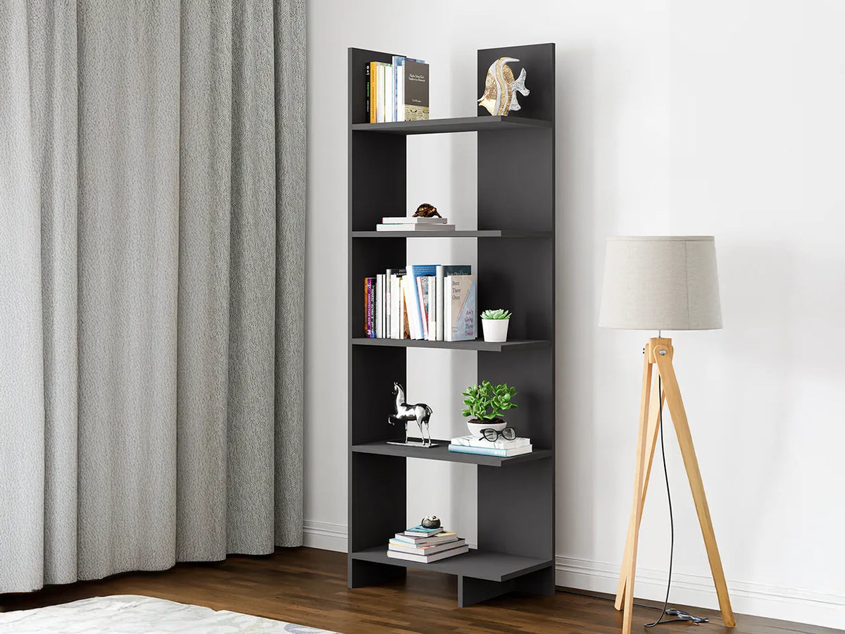 Raft Biblioteca Asimetric 5 Polite MDF Negru Decorativ Perete - detaliu produs