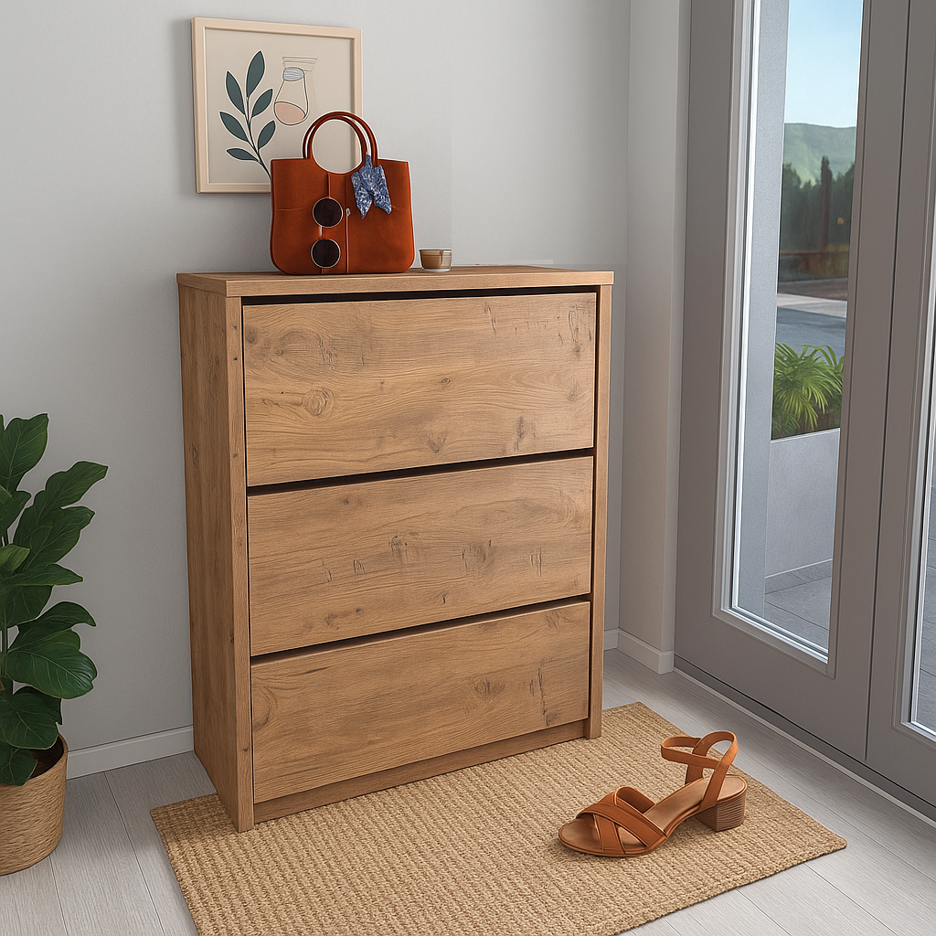 Pantofar cu usa rabatabila si rafturi glisante, 3 compartimente, PAL melaminat de 18 mm, 110 x 73,5 x 22 cm