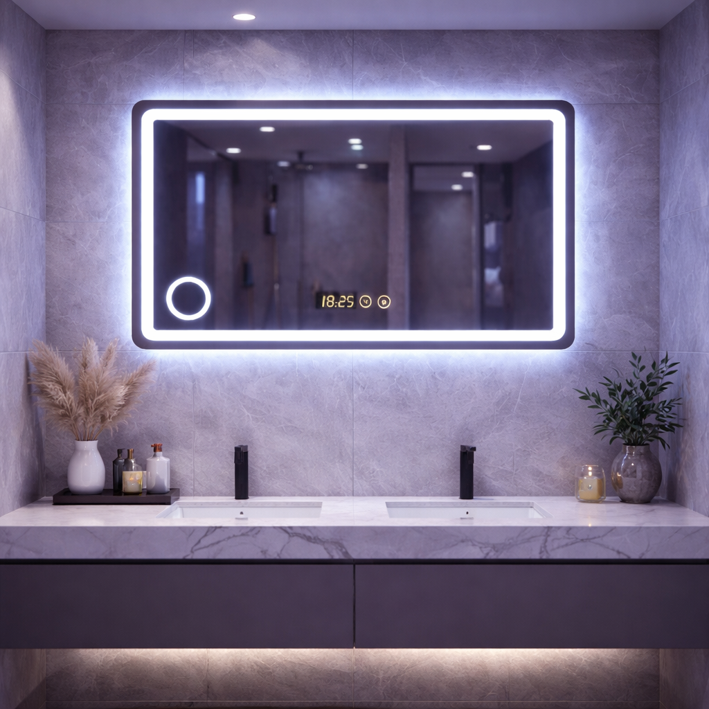 Oglinda LED premium, 90x70 cm, iluminare reglabila, lupa, touch, dezaburire, ceas
