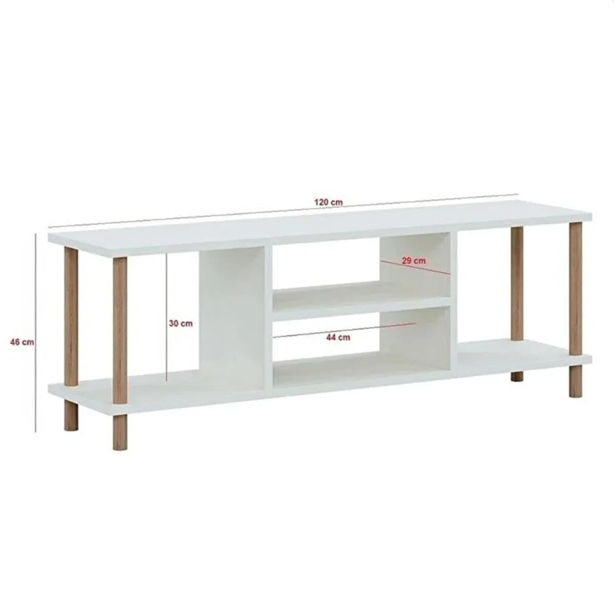 Comoda TV cu rafturi, 120 cm, model cu picioare din lemn