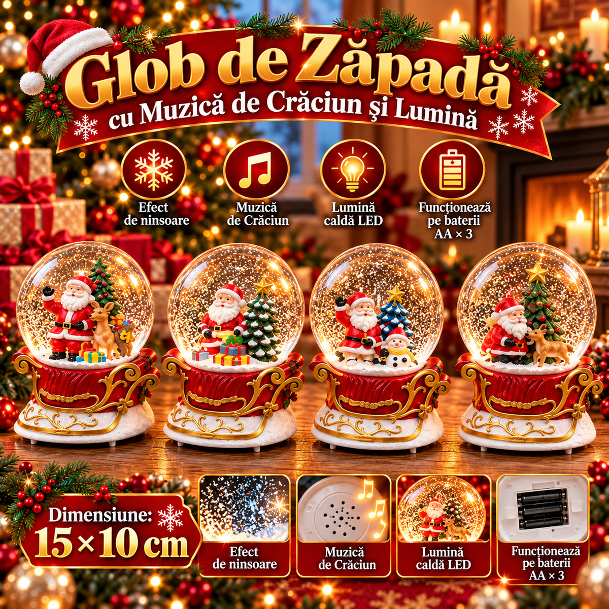 Glob de Zăpadă Premium de Crăciun cu Moș Crăciun, Bază tip Sanie, Muzică, Lumină LED și Efect de Ninsoare – 15 × 10 cm - detaliu produs