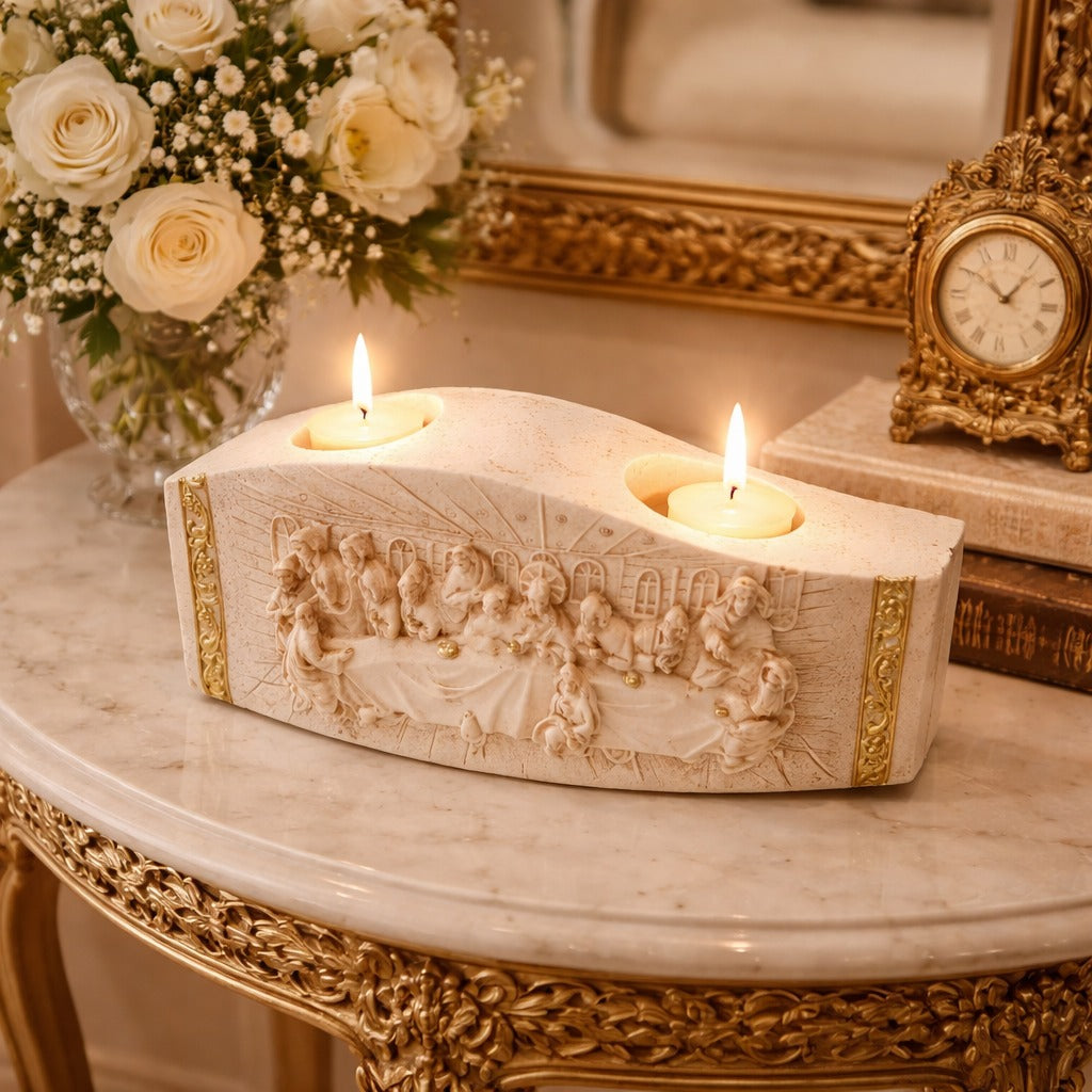 Suport decorativ pentru lumanari cu scena religioasa 22x10 cm decor elegant pentru casa