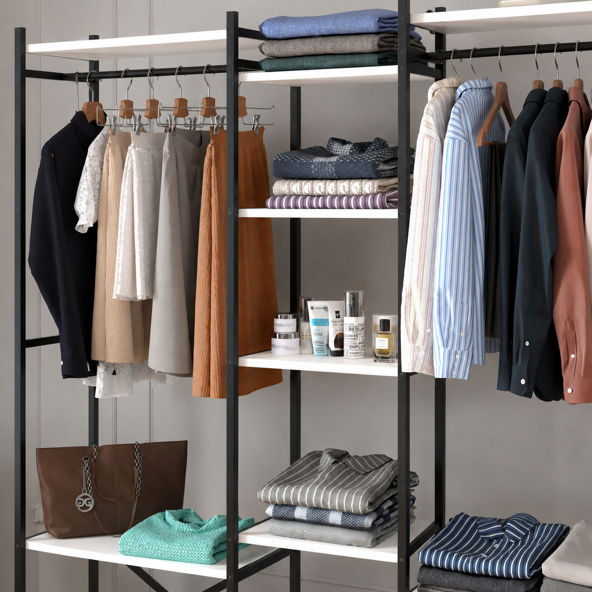 Dressing Deschis Suport de Haine cu 10 Polite pentru Haine, Incaltaminte si Depozitare, 172 x 34 x 181 cm