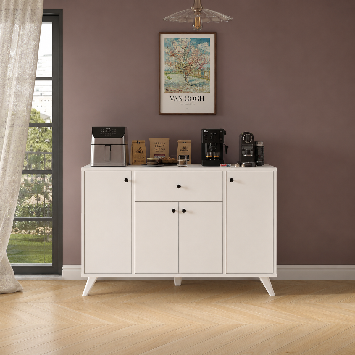 Dulap multifunctional 120x43,4x89 cm, cu 4 usi si sertare, pentru bucatarie, camara sau colt de cafea, alb