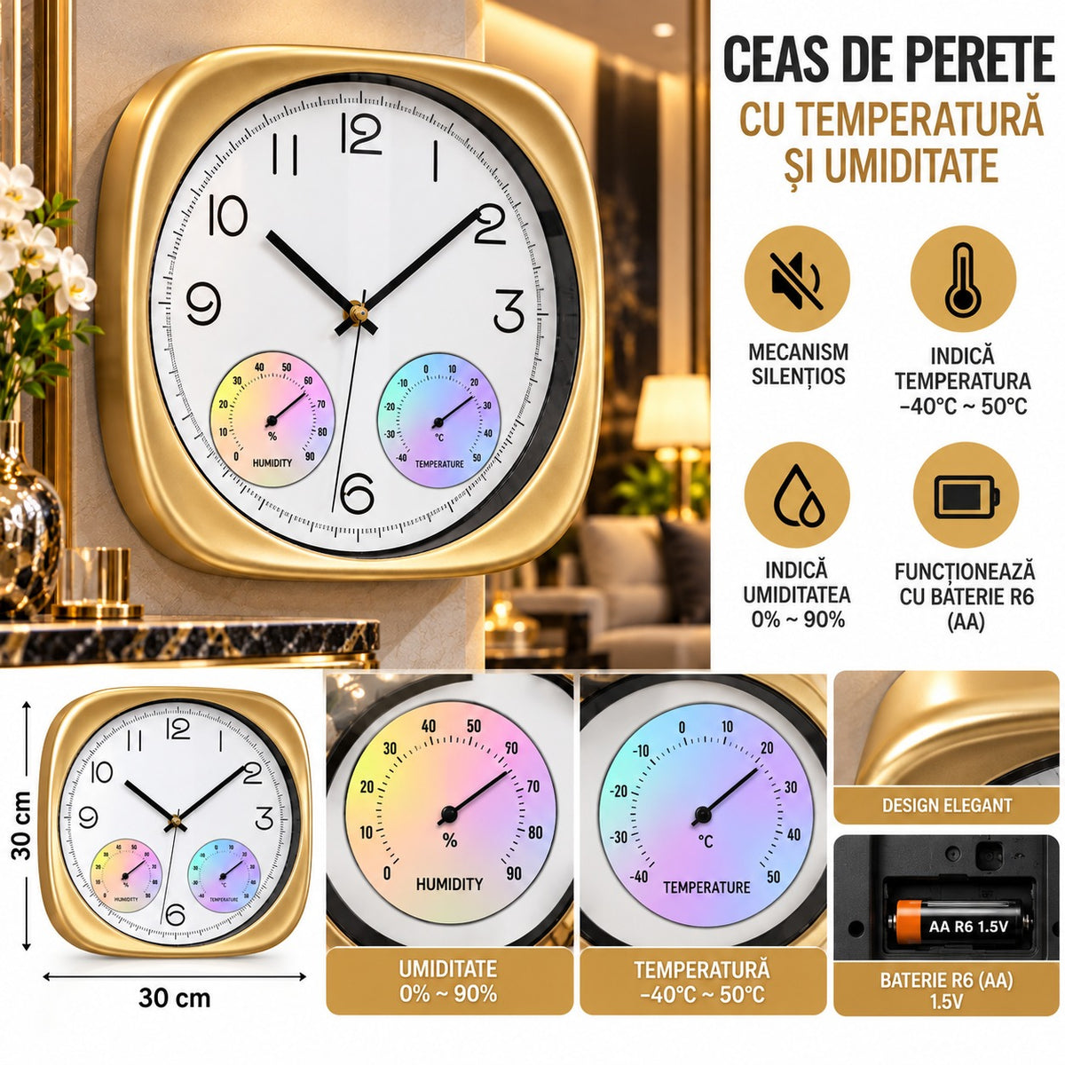 Ceas de Perete Premium cu Termometru și Higrometru, Mecanism Silențios – 30 × 30 cm - detaliu produs