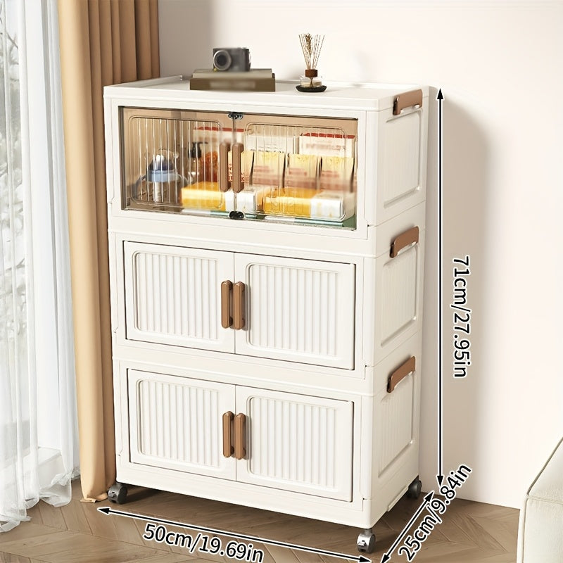 Dulap depozitare pliabil cu usi si roti, organizator multifunctional cu 3, 4 sau 5 rafturi, crem 45 cm