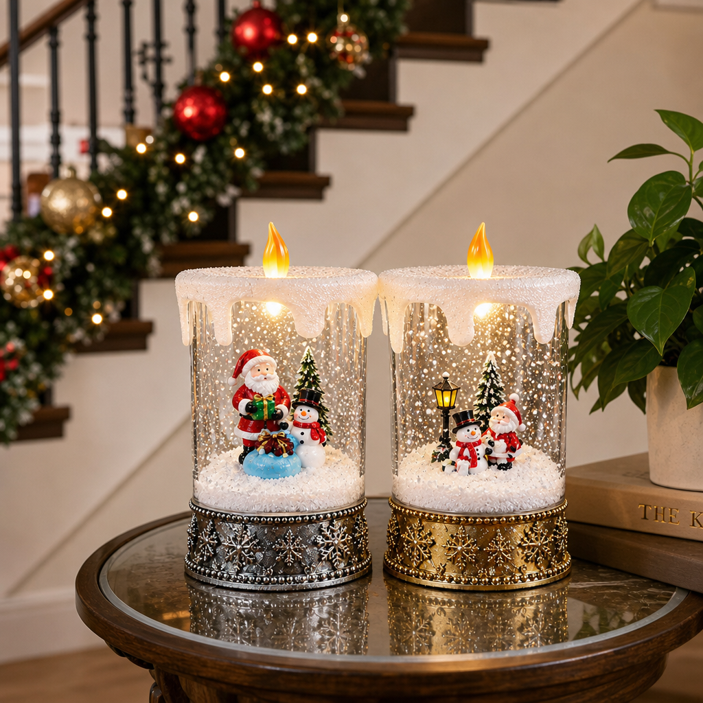 Decorațiune de Crăciun Premium tip Lumânare cu Moș Crăciun și Om de Zăpadă, Iluminare Caldă și Efect de Ninsoare – 12 × 12 × 28,5 cm - detaliu produs