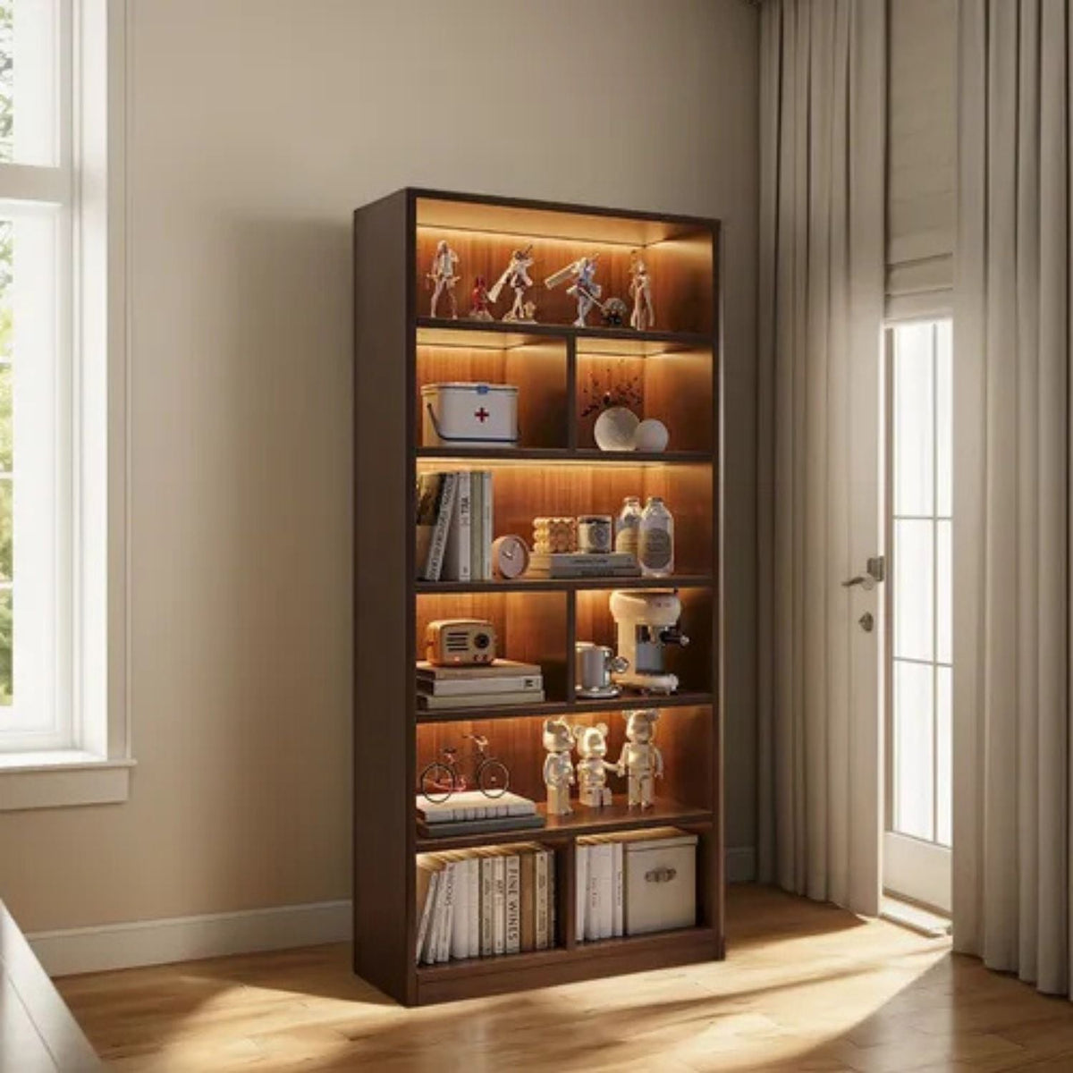 Bibliotecă cu 6 rafturi deschise, cadru lemn – alb/stejar negru, 180x60x24 cm