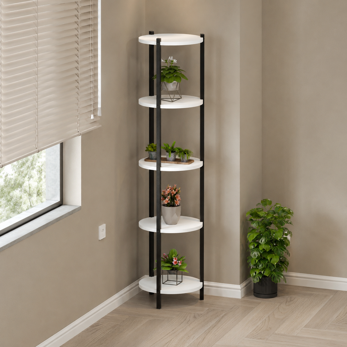 Suport flori si vase Lale cu 5 nivele, etajera decorativa pentru plante carti sau obiecte, cadru metalic + PAL melaminat 18 mm 40 x 160 cm, potrivita living balcon sau birou, stil modern scandinav