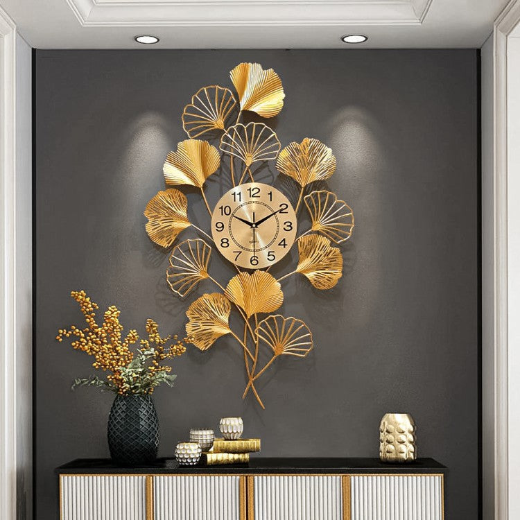 Ceas de perete decorativ 76 x 42 cm – design artistic cu frunze metalice, decor lux pentru living
