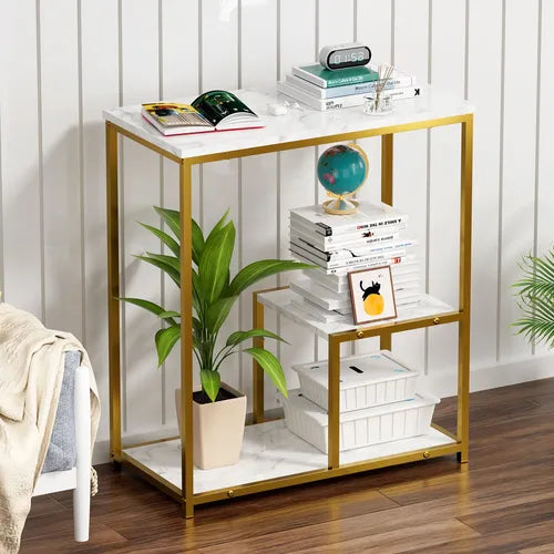 Masuta moderna cu blat tip marmura si cadru metalic auriu – 3 nivele de depozitare 60 x 40 x 68 cm
