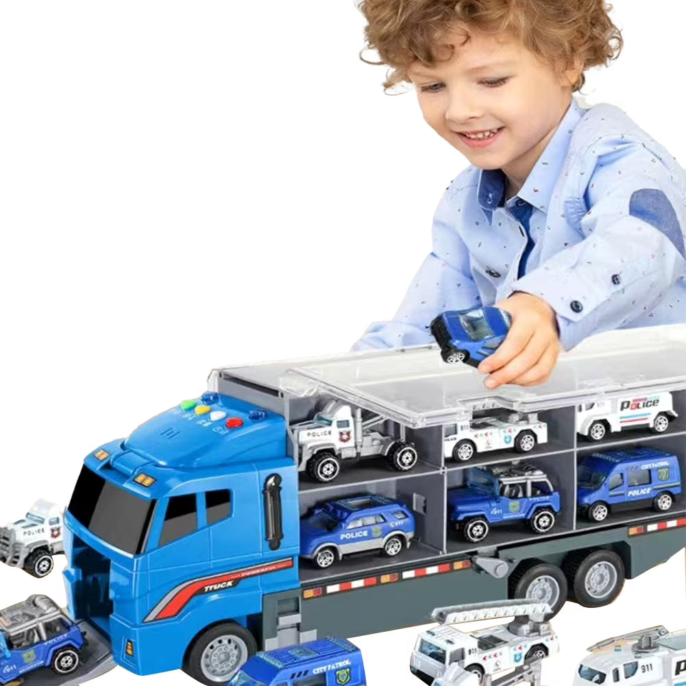 Camion Transport Masini Politie cu 6 Masinute Metalice Lansator Rampa si Compartimente Jucarie Copii